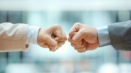 two businesspeople greeting each other with a fist bump in front of an office building backdrop