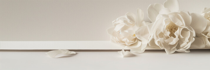 Elegant white paper flowers arranged on a soft beige background with minimalistic design, suitable for wedding invitation banners or springtime concepts
