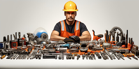 Handsome construction worker with lots of tools on a white background