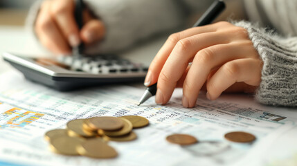 close-up of a hand using a pen to press a button on a calculator with coins and financial documents on a table