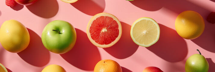 Flat-lay of fresh assorted fruits on a pink background, representing healthy eating or a summer...