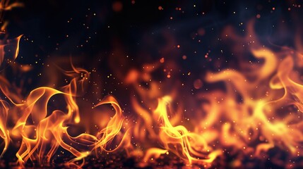 Fototapeta na wymiar Bright flames rising and moving at dark nigh in blurred background