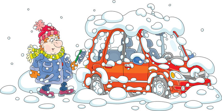 Funny man with an automobile brush cleaning his snow-covered car from snow in a yard of his house on a cold and snowy winter morning, vector cartoon illustration on a white background