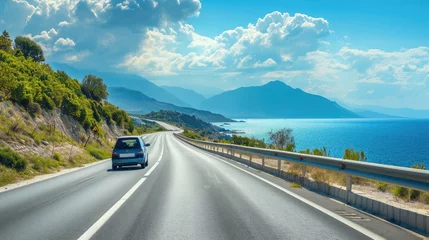 Rucksack car driving on the road of europe. road landscape in summer. it's nice to drive on the beach side highway. Highway view on the coast on the way to summer vacation. Turkey trip on beautiful travel road © buraratn