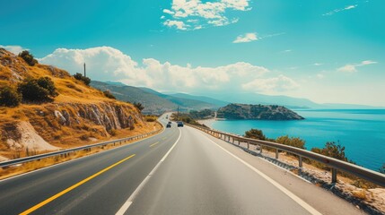 car driving on the road of europe. road landscape in summer. it's nice to drive on the beach side highway. Highway view on the coast on the way to summer vacation. Turkey trip on beautiful travel road