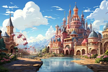 A whimsical amusement park with colorful rides,anime style
