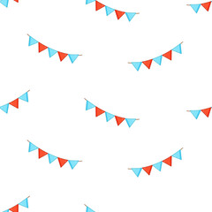 Seamless pattern flags carnival garland, vector doodle illustration holiday background ribbon wallpaper