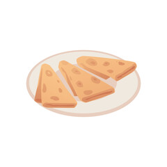 Thin pancakes on plate, cartoon three thin pancakes folded into a triangles, vector delicious baking food, sweet dessert