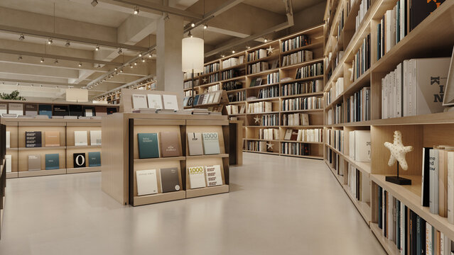 Bookcase full of books in contemporary, cozy interior book store. Wooden shelves, modern design library, reading room and cafeteria. A place to read books in peace and quiet.