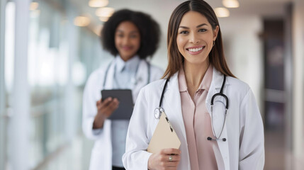 smiling female healthcare professional in the foreground holding a clipboard with a stethoscope around her neck