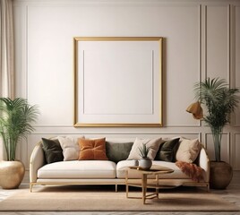 Bohemian Living Space: Empty Frame Mockup in Cozy Apartment Interior




