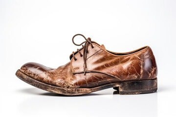 Old worn leather men's shoes on a white background. Generated by artificial intelligence