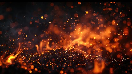 Fire embers particles over black background. Fire sparks background. Abstract dark glitter fire particles lights. bonfire - obrazy, fototapety, plakaty