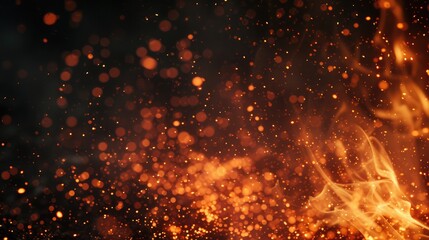 Fire embers particles over black background. Fire sparks background. Abstract dark glitter fire particles lights. bonfire