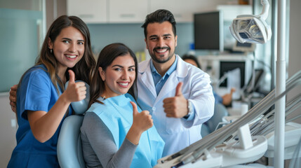 Fototapeta na wymiar male dentist and a female dental assistant are giving thumbs up with a female patient