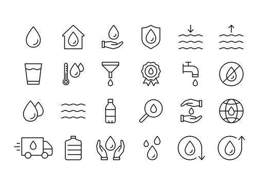 Water drop, line icon set. Safe clean water. Bottle and Glass. Delivery. Editable stroke. Vector outline