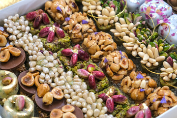 Close-up of savory petits fours, miniature gourmet dishes.