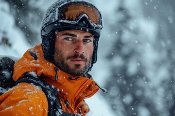 Snowy Skier in Orange Snowsuit Generative AI