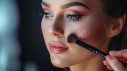 Makeup artist applies applies powder and blush . Beautiful woman face. Hand of make-up master puts blush on cheeks beauty model girl . Make up in process