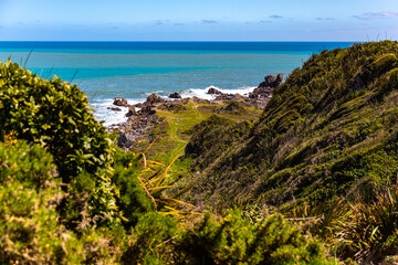 Fototapeta na wymiar unique landscape of cape foulwind on the west coast of new zealand south island; scenic little bays with large cliffs and rocky islands; cape foulwind walkaway near westport