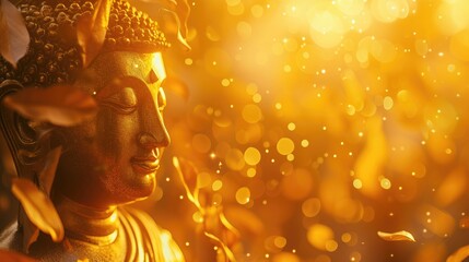 Makha Asanaha Visakha Bucha Day Golden Buddha image. Background of Bodhi leaves with shining light. Soft image and smooth focus style - obrazy, fototapety, plakaty