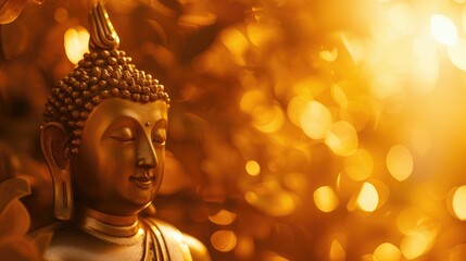 Makha Asanaha Visakha Bucha Day Golden Buddha image. Background of Bodhi leaves with shining light. Soft image and smooth focus style - obrazy, fototapety, plakaty