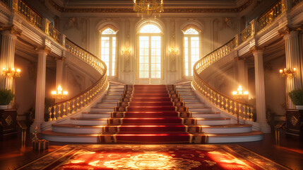 Grand palace staircase, blending luxury and history with elegant marble steps, ornate red carpet, and lavish decor in a majestic architectural setting