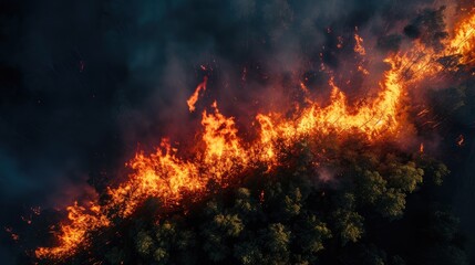Fototapeta na wymiar Night fire in the forest with fire and smoke.Epic aerial photo of a smoking wild flame.A blazing,glowing fire at night.Forest fires.Dry grass is burning. climate change,ecology.Line fire in the dark.