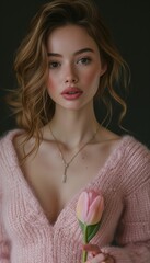 Model in Minimal Pink Knit Two-Piece Set Holding Delicate Tulip