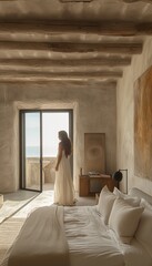 Fototapeta na wymiar Luxurious Bedroom Architectural Photography with Woman by Balcony Door