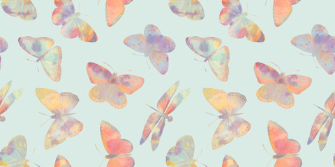 delicate dragonflies and butterflies on a light green background, watercolor seamless pattern for the design of wrapping paper, wallpaper, textiles