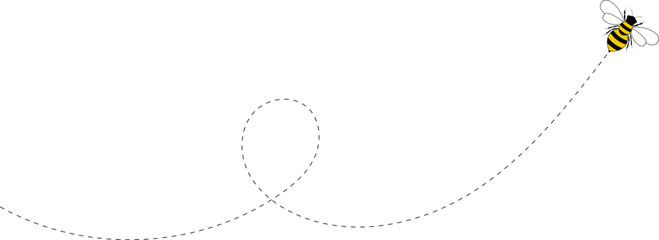 Flying bee route. Cartoon bee icon. Bee flying on a dotted route isolated on the white background. Vector illustration