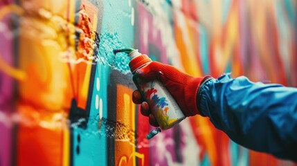 Process of creating graffiti, street artist with aerosol spray paint painting colorful stencil...