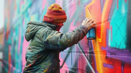 Process of creating graffiti, street artist with aerosol spray paint painting colorful stencil murals on the city walls, - obrazy, fototapety, plakaty