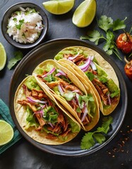 Taco's presented in a Tasteful Way with Melted Cheese on a Platter - Spanish or Mexican Cuisine