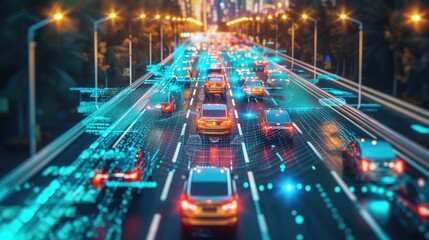 Smart transport technology concept for future car traffic on road . Virtual intelligent system makes digital information analysis to connect data of vehicle on city street . Futuristic innovation - obrazy, fototapety, plakaty