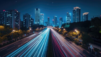 Fototapeta na wymiar Straight asphalt highway passing through the city above in Hangzhou at night