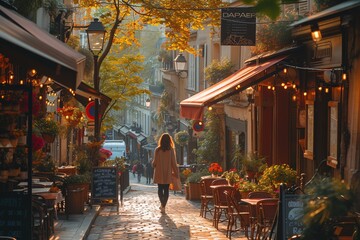 A glimpse of a classic Parisian street with a quaint caf√© and a lady strolling in the early...