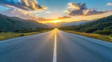 Fototapeta premium Straight asphalt road and mountain with sky clouds background at sunset