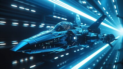 3D illustration of futuristic fighter jet flies in the tunnel of a spaceship.
