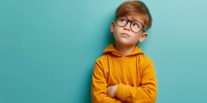 Contemplative young boy wearing spectacles on vibrant backdrop.