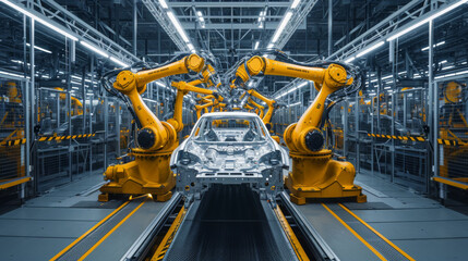 Series of industrial robots are assembling a car on a production line in an automotive factory.