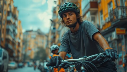 Sunny Urban Ride: Cyclist in Black and Green Gear Against Cityscape, Orange Sneakers Popping - obrazy, fototapety, plakaty