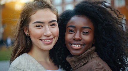Two students outside, happily posing for a portrait.