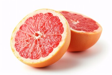 Pair of ripe pink grapefruit halves isolated on a white backdrop.