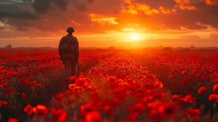 Warrior in Camouflage Stands in a Field of Red Poppies During a Sunset Generative AI