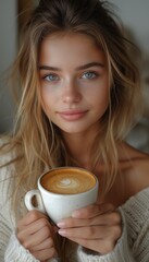 Young Woman Delighting in the Aroma of Freshly Brewed Coffee Against a White Backdrop
