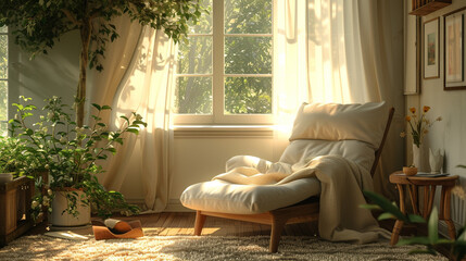 A cozy nook bathed in natural light, featuring a comfortable chair and a small side table.  - obrazy, fototapety, plakaty