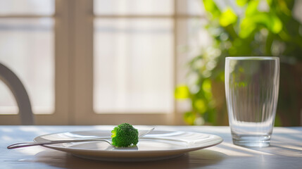 close-up of a single broccoli floret on a white plate, with a fork beside it, a glass of water in the background, and a person's hands folded in the background
