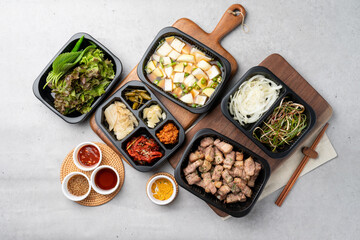 Korean food, pork, grilled, pork belly, cold noodles, ribs, charcoal fire, kkakduk, side dishes,
